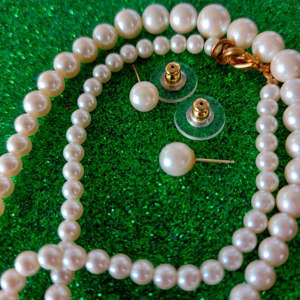 Faux Pearl Necklace And Stud Pierced Earrings Set, Luster White